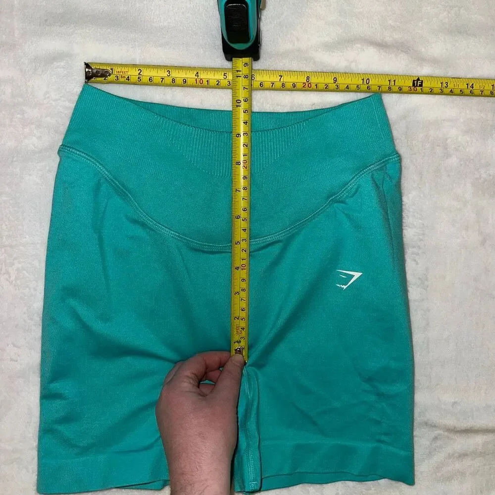 Gymshark Women’s Small High Rise Bike Shorts Teal Blue White Graphic Logo EUC